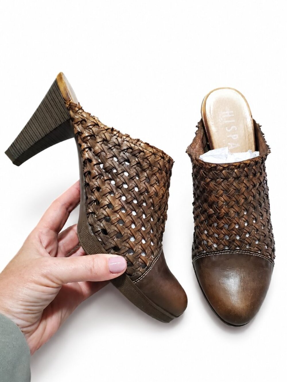HISPANITAS Woven Leather Slip-On Mules Heels Boho Beach Brown Women's 39EU 8.5US
